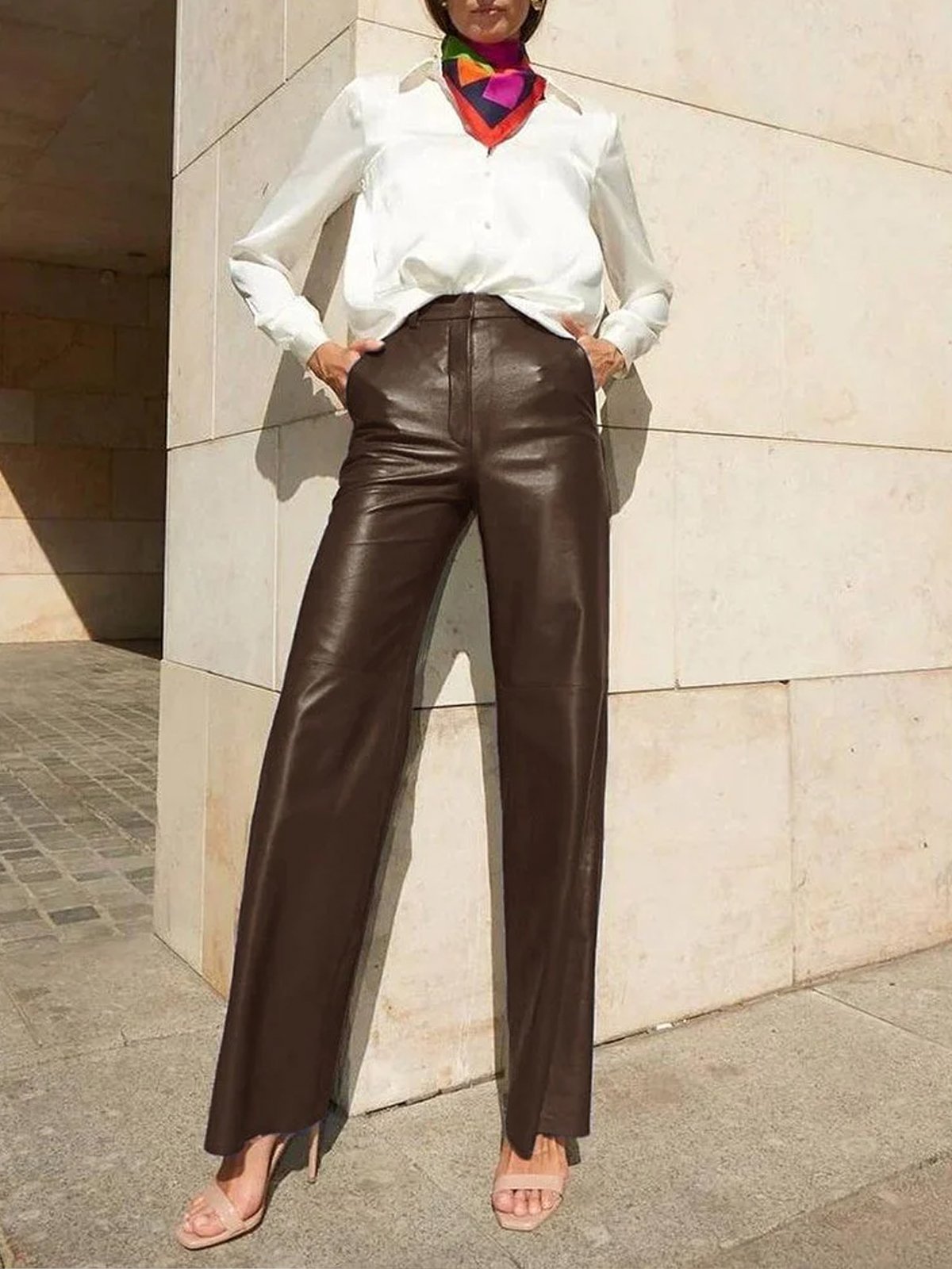 Urban Plain Regular Fit  Pockets Pu Leather Pants