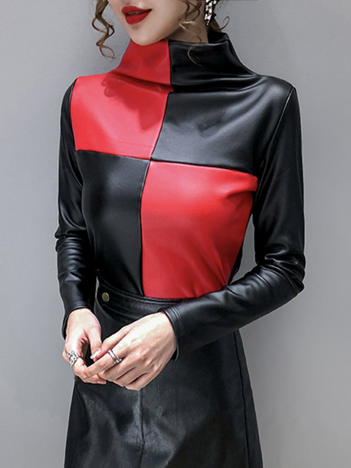 Urban Turtleneck Regular Fit Color Block Leather Top