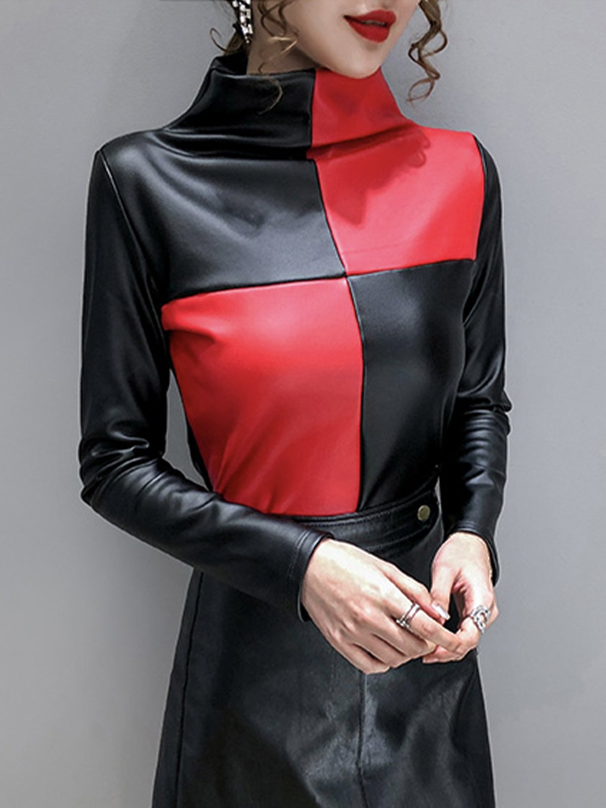 Urban Turtleneck Regular Fit Color Block Leather Top