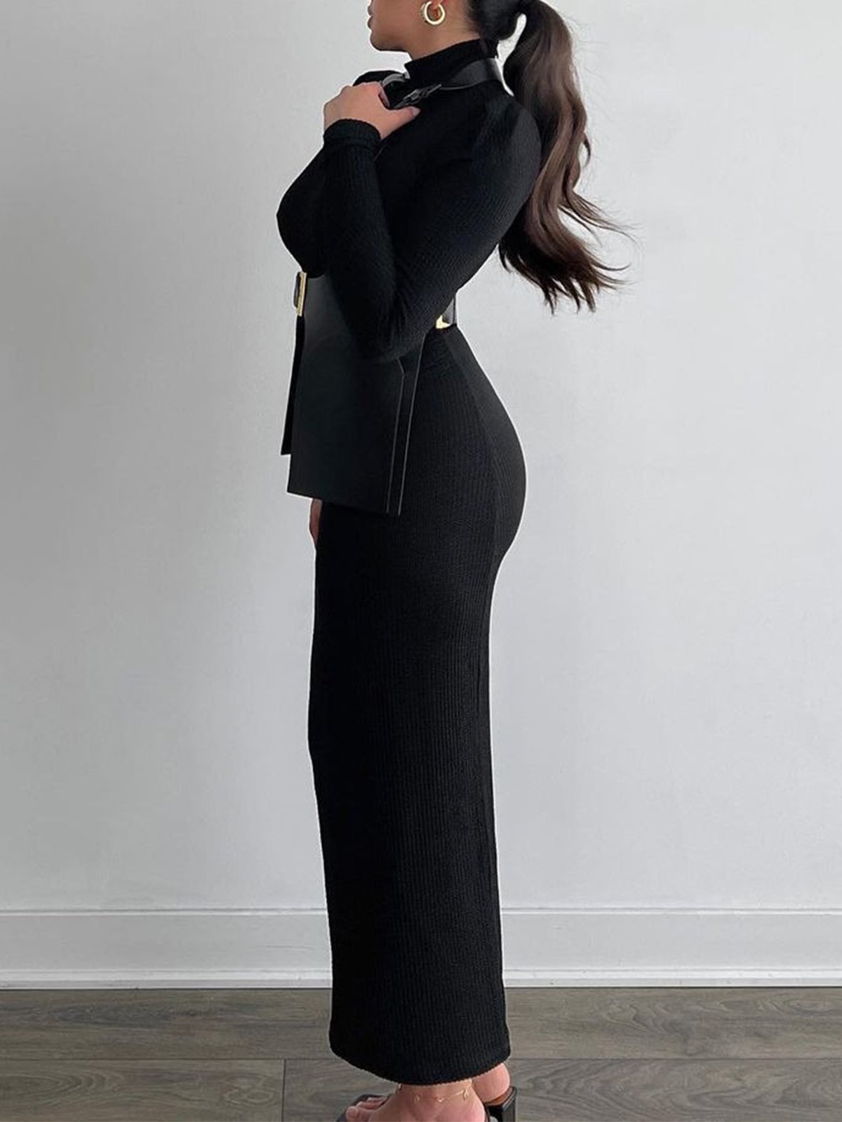 Turtleneck Long Sleeve Tight Elegant Maxi Dress With Belt