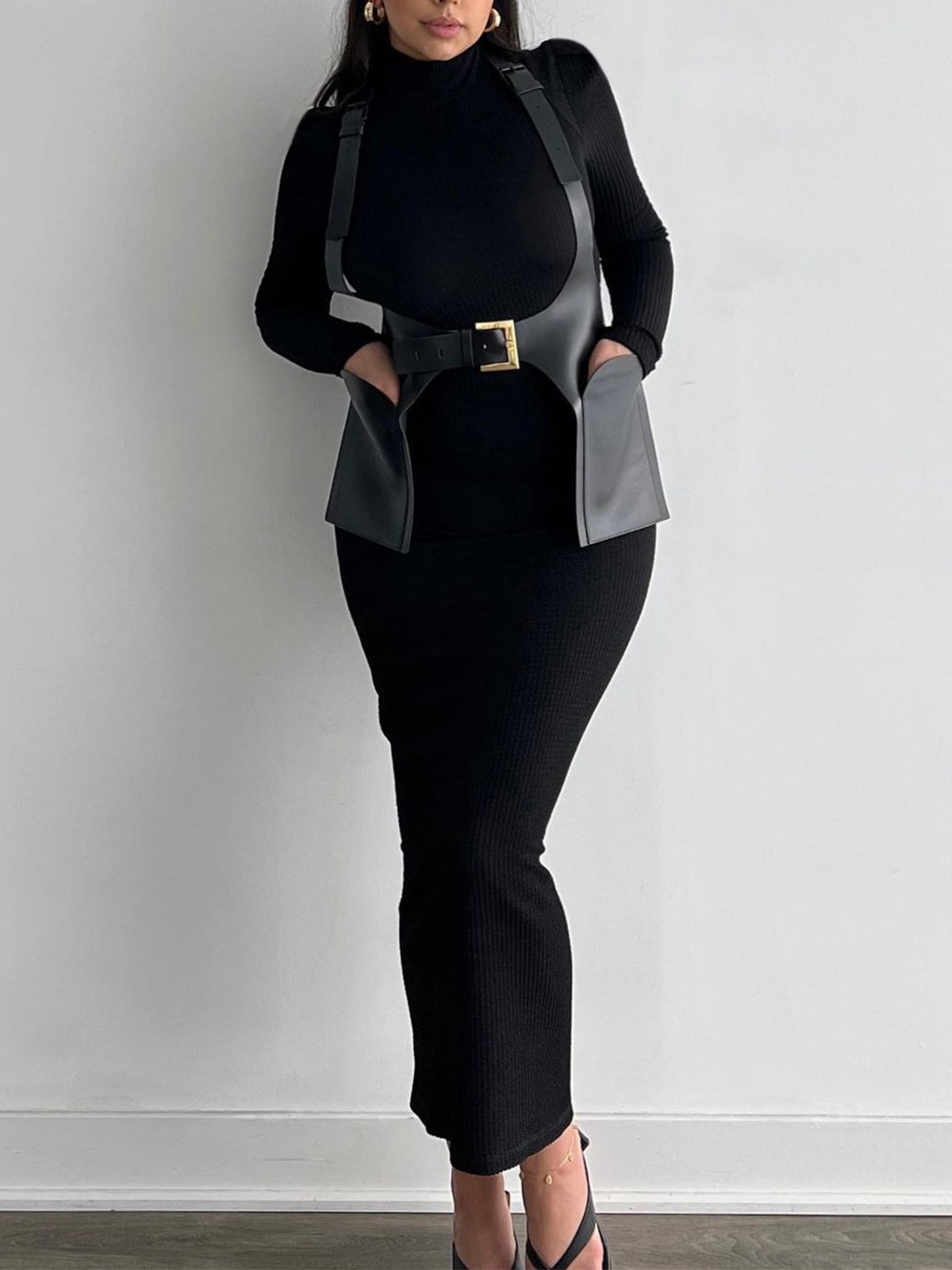 Turtleneck Long Sleeve Tight Elegant Maxi Dress With Belt