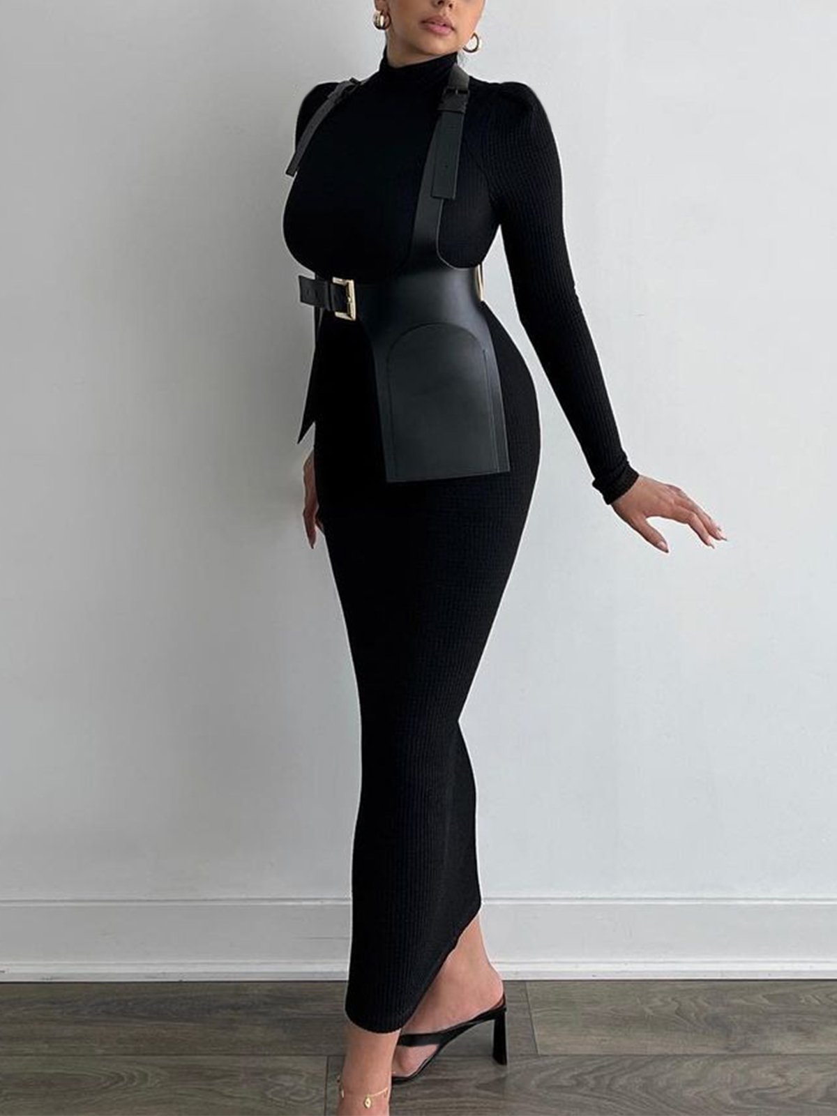 Turtleneck Long Sleeve Tight Elegant Maxi Dress With Belt