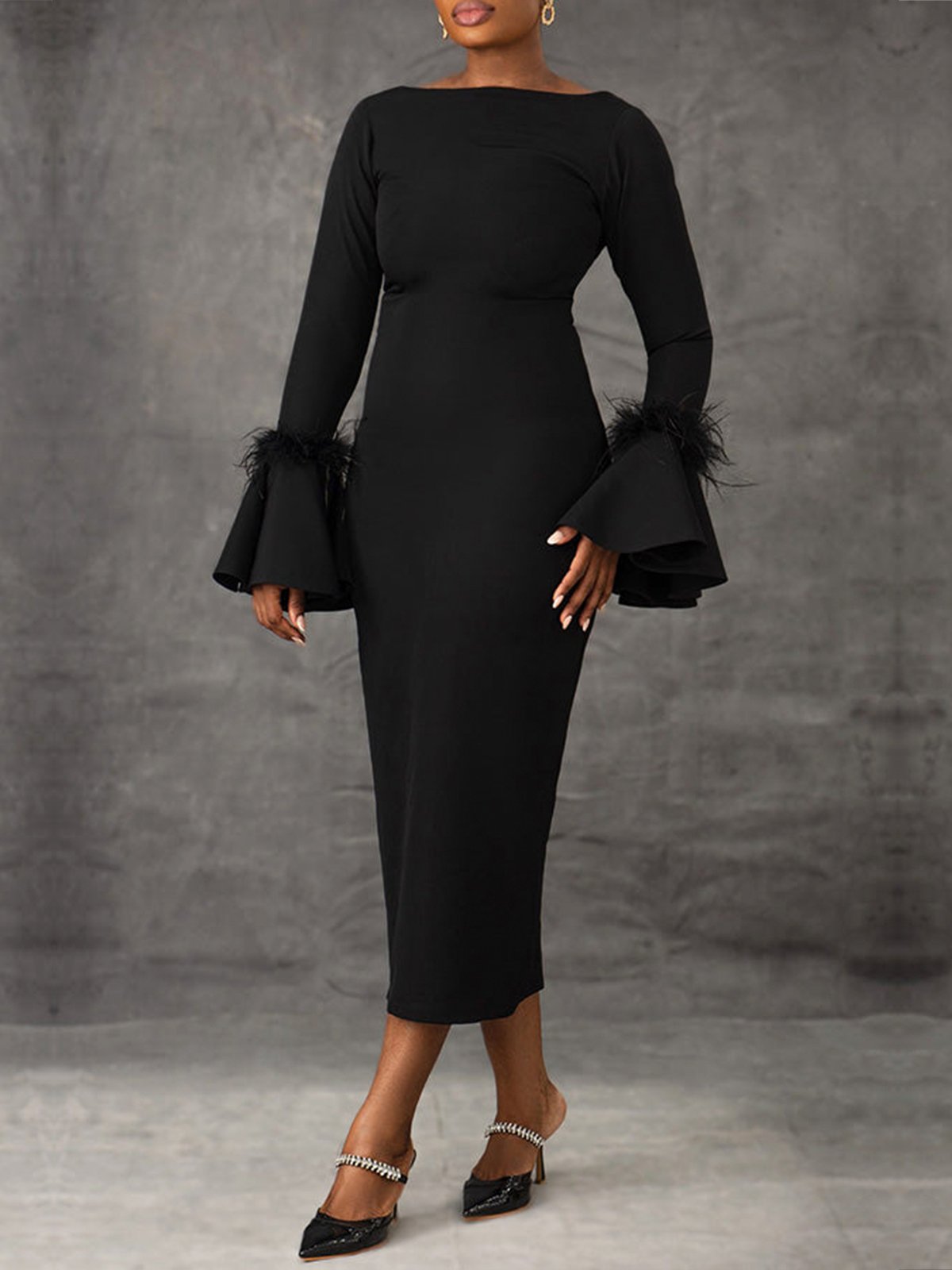 Elegant  Plain Crew Neck Regular Fit  Long Sleeve Feather Dress