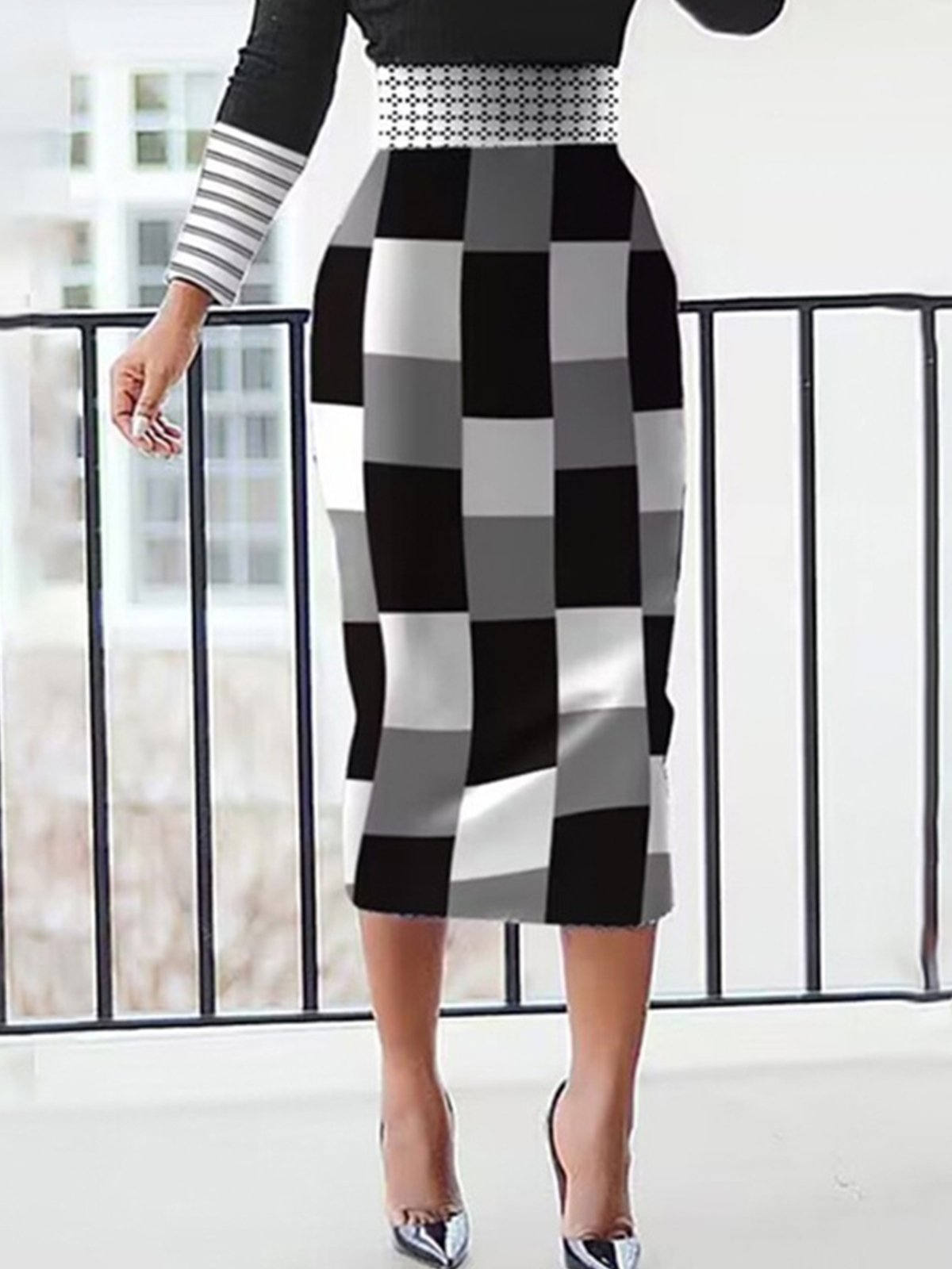 Elegant Plaid Regular Fit Long Sleeve Turtleneck Dress