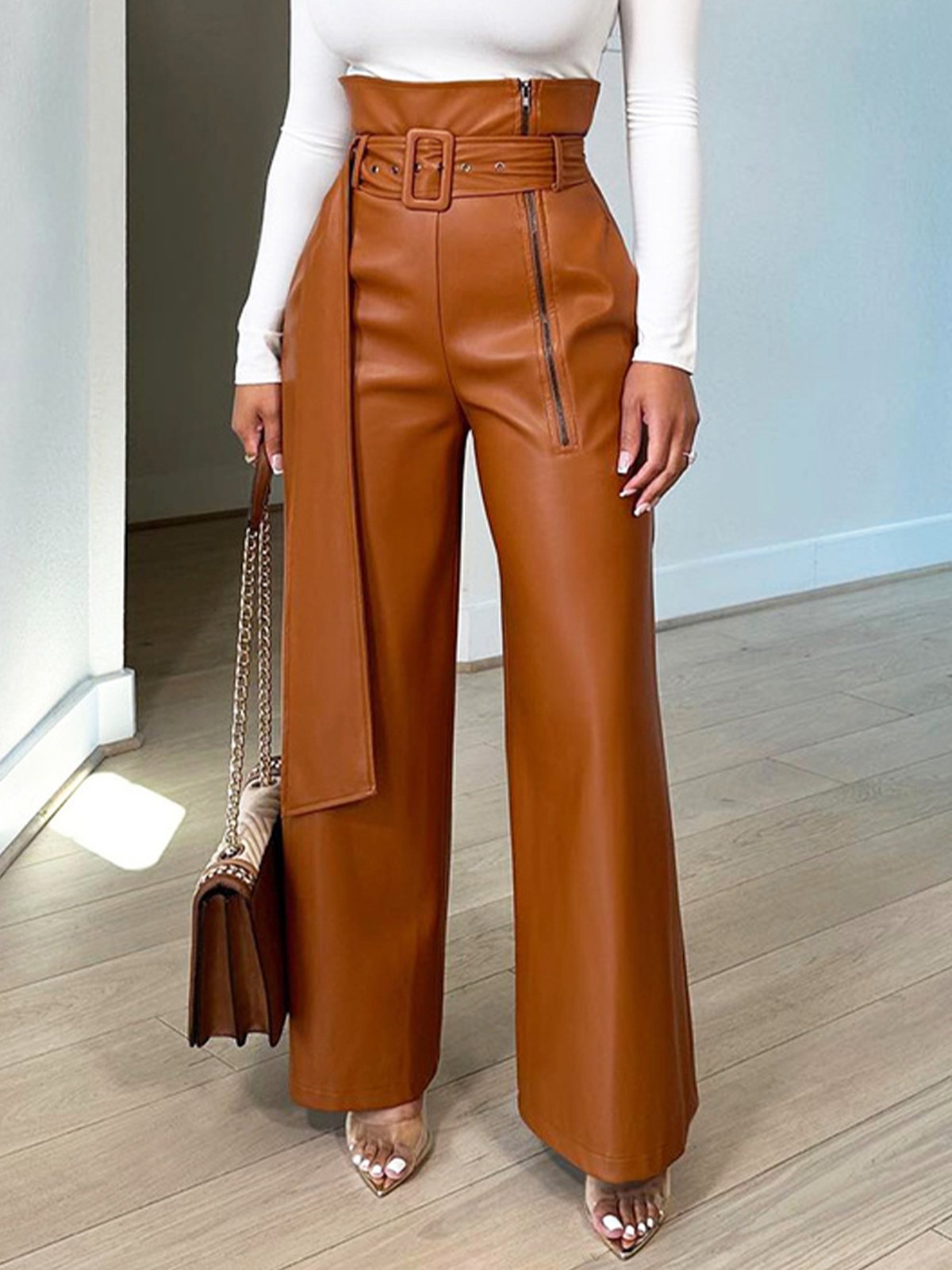 Urban High Waist Plain Leather Pants With Belt