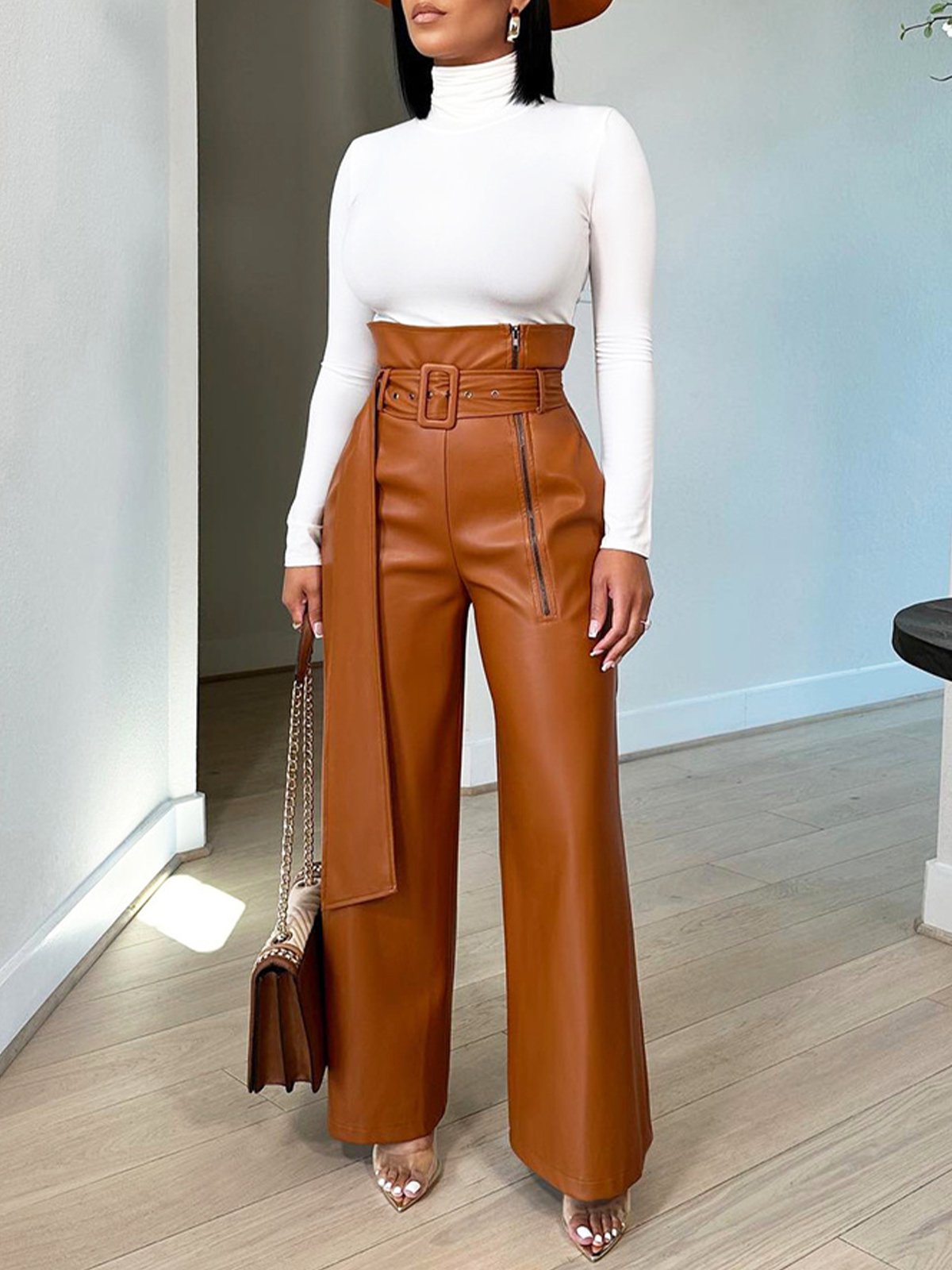 Urban High Waist Plain Leather Pants With Belt