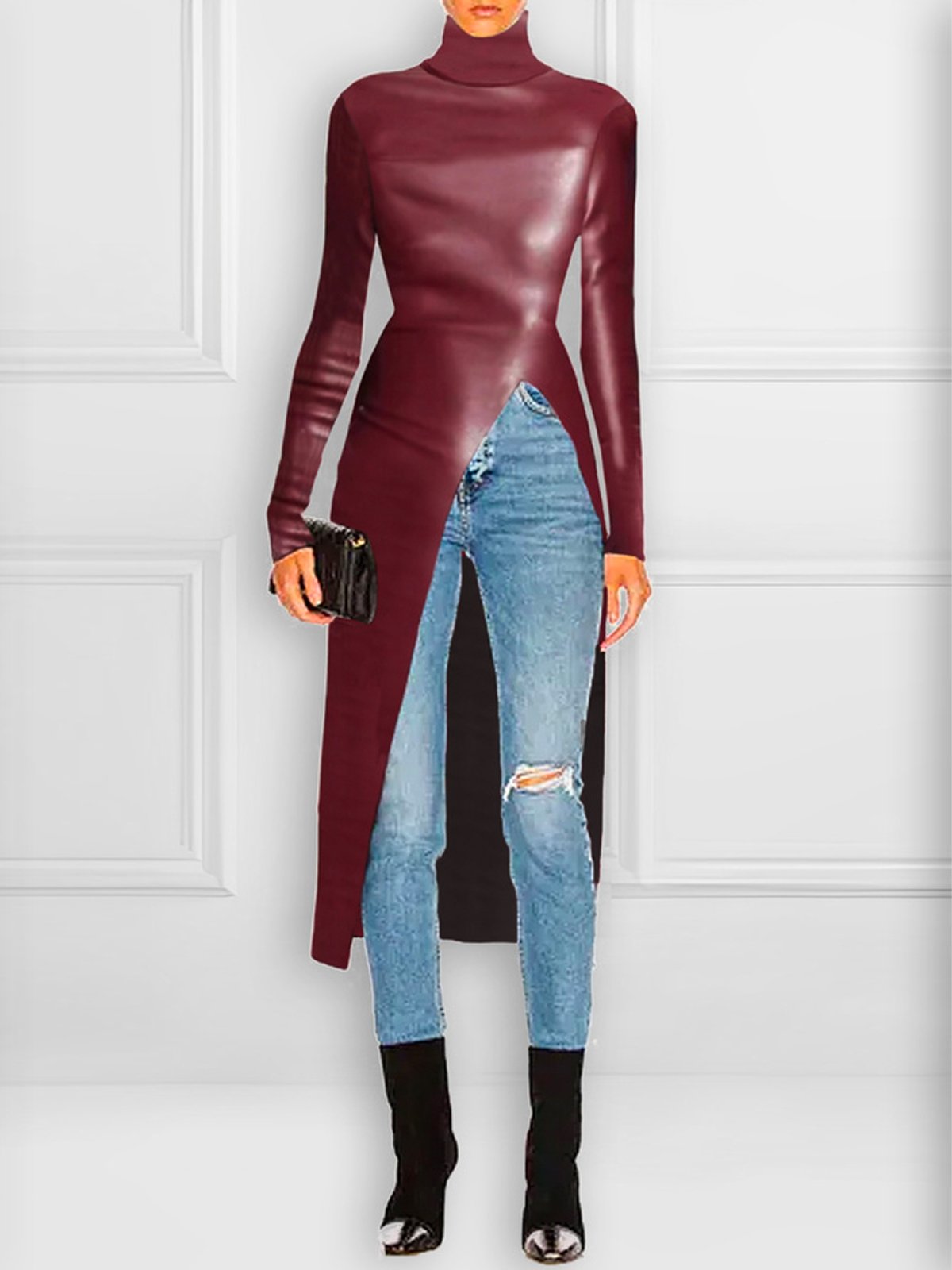 Plain Urban Turtleneck Long Sleeve Leather Top