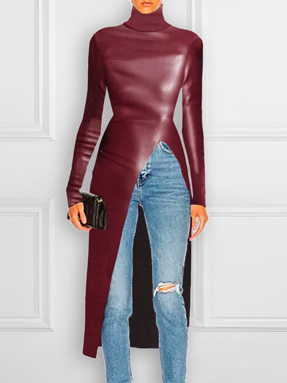 Plain Urban Turtleneck Long Sleeve Leather Top