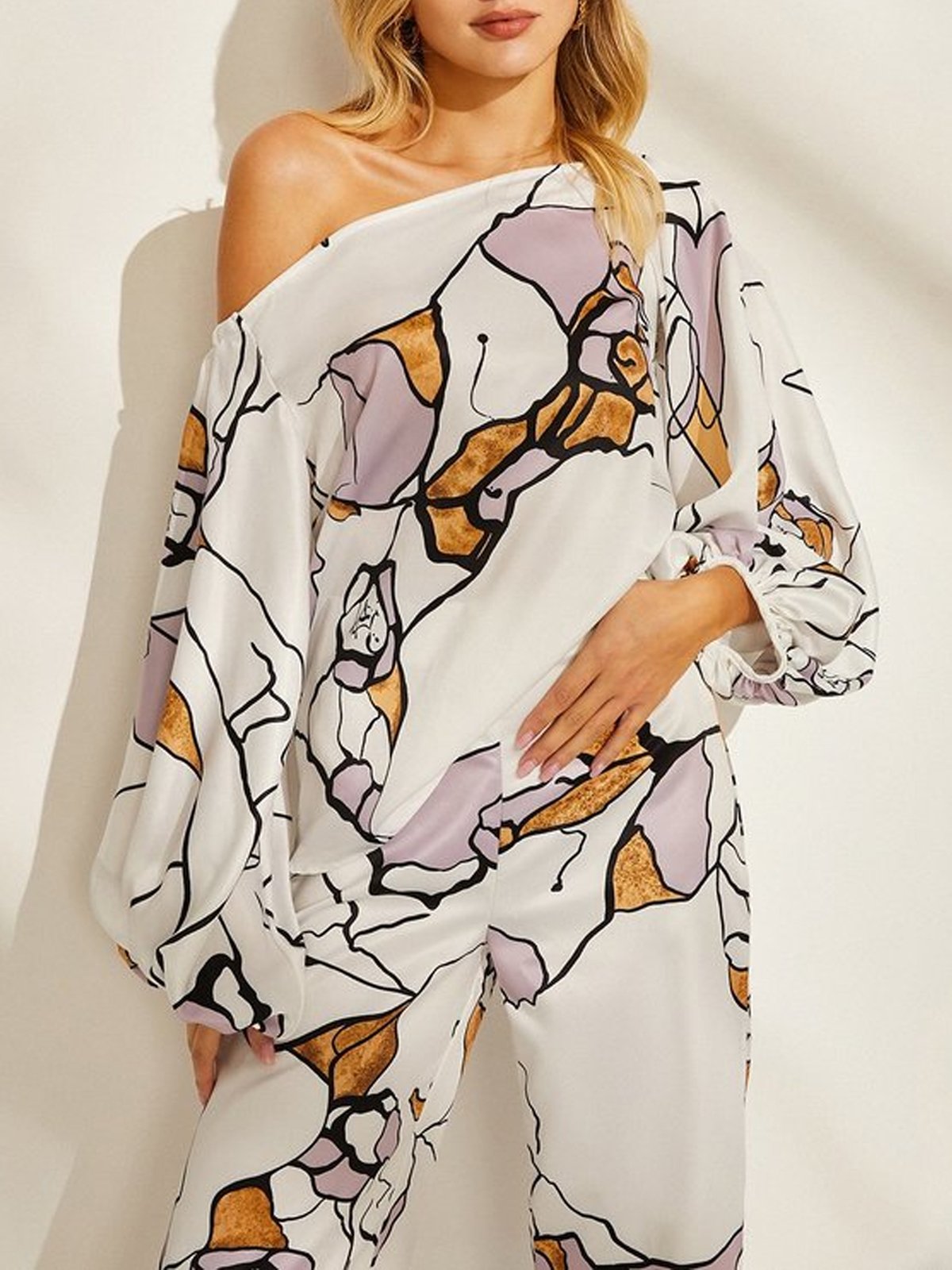 Loose Cold Shoulder Long Sleeve Floral Elegant Shirt