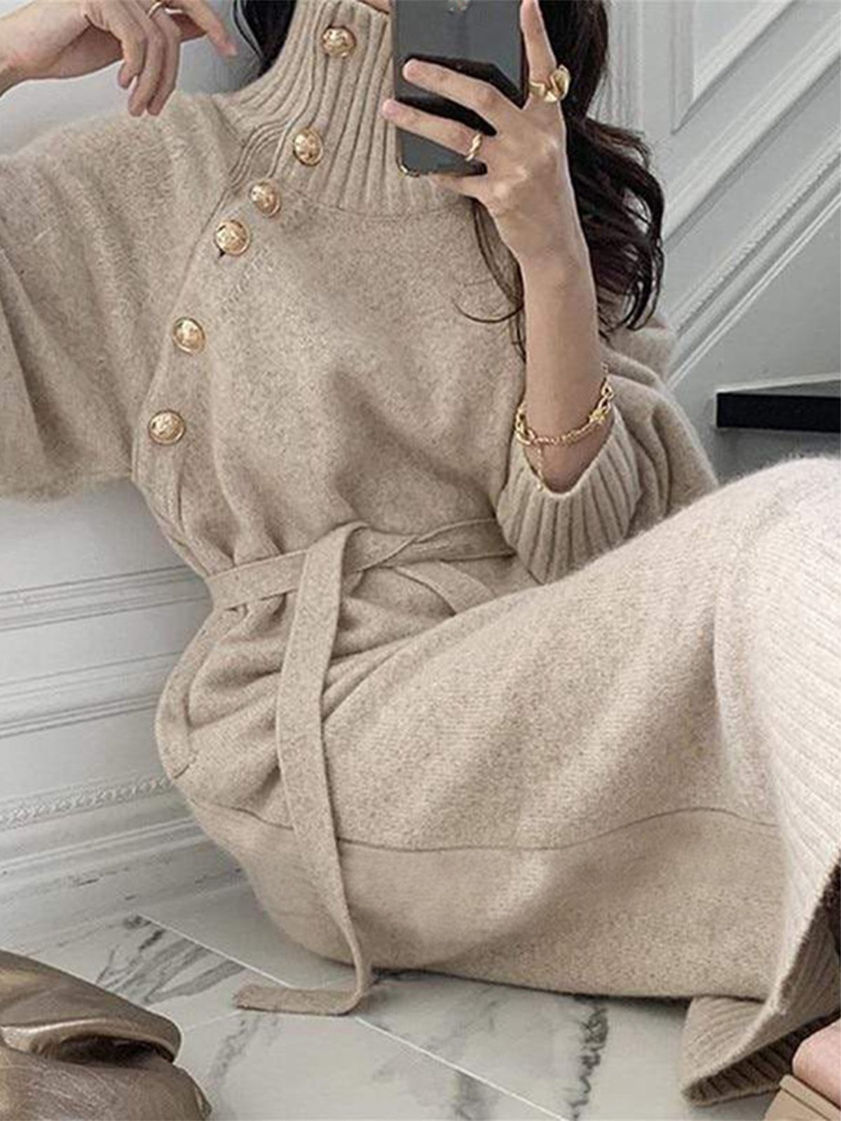 Long sleeve Loose Elegant Plain Midi Dress