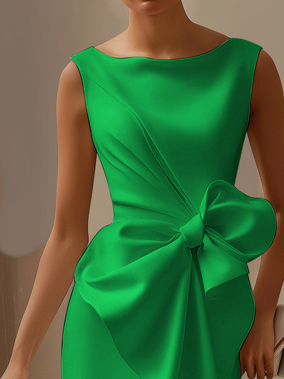 Urban Crew Neck Bow Plain Dress For Women