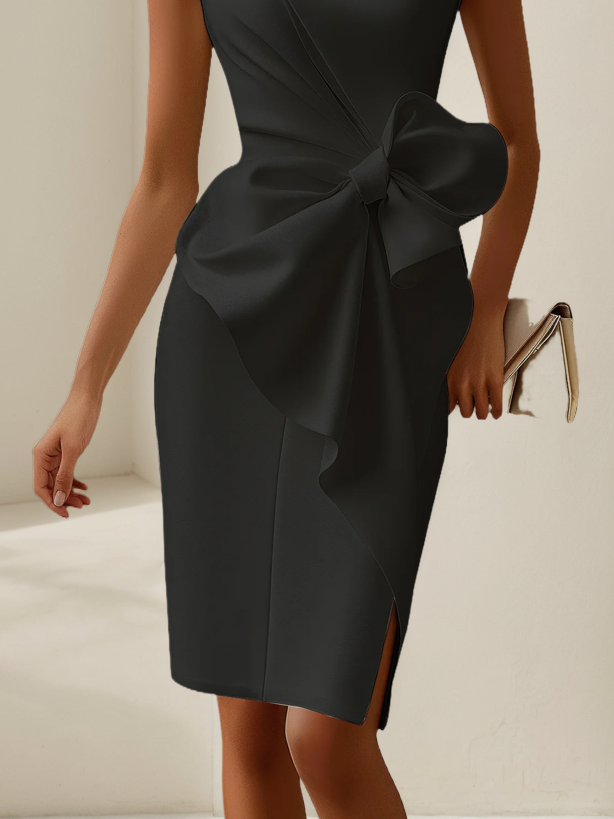 Urban Crew Neck Bow Plain Dress For Women