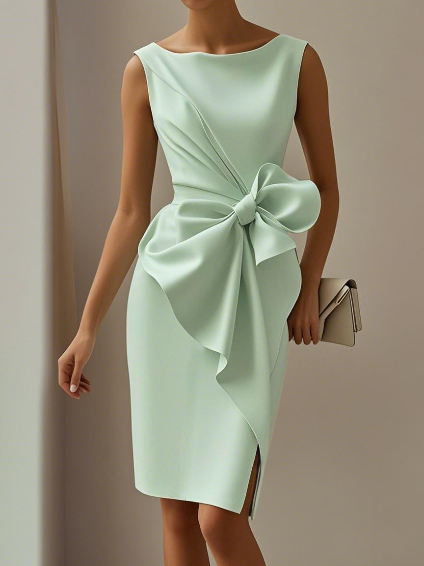 Urban Crew Neck Bow Plain Dress For Women