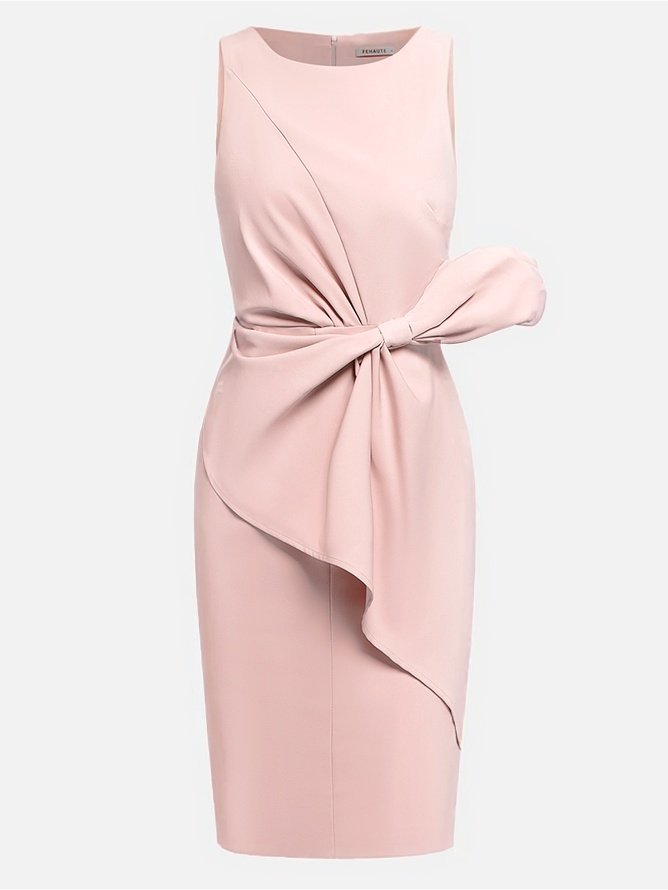 Urban Crew Neck Bow Plain Dress For Women
