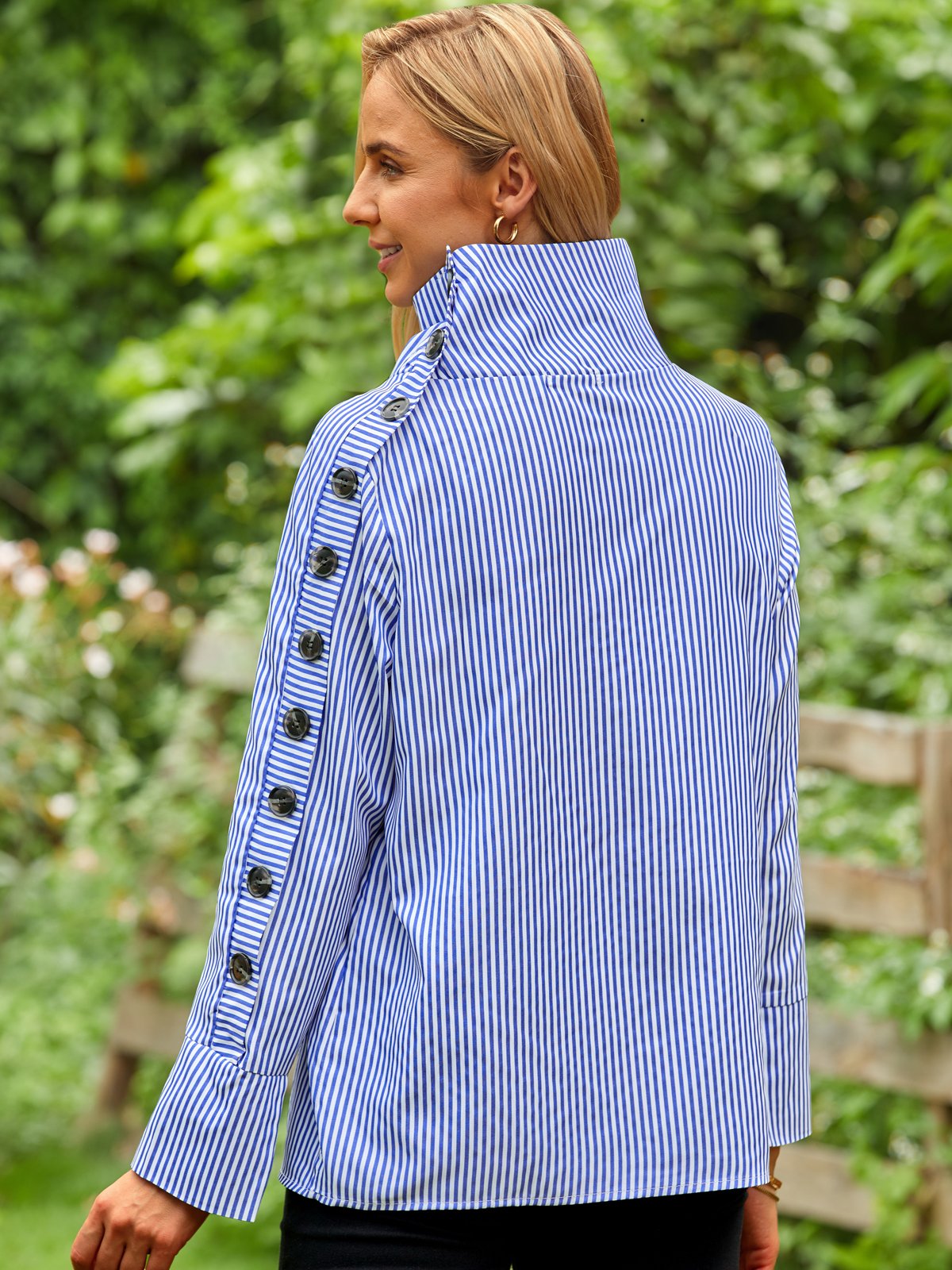 Casual High Neck Striped Long Sleeve Top