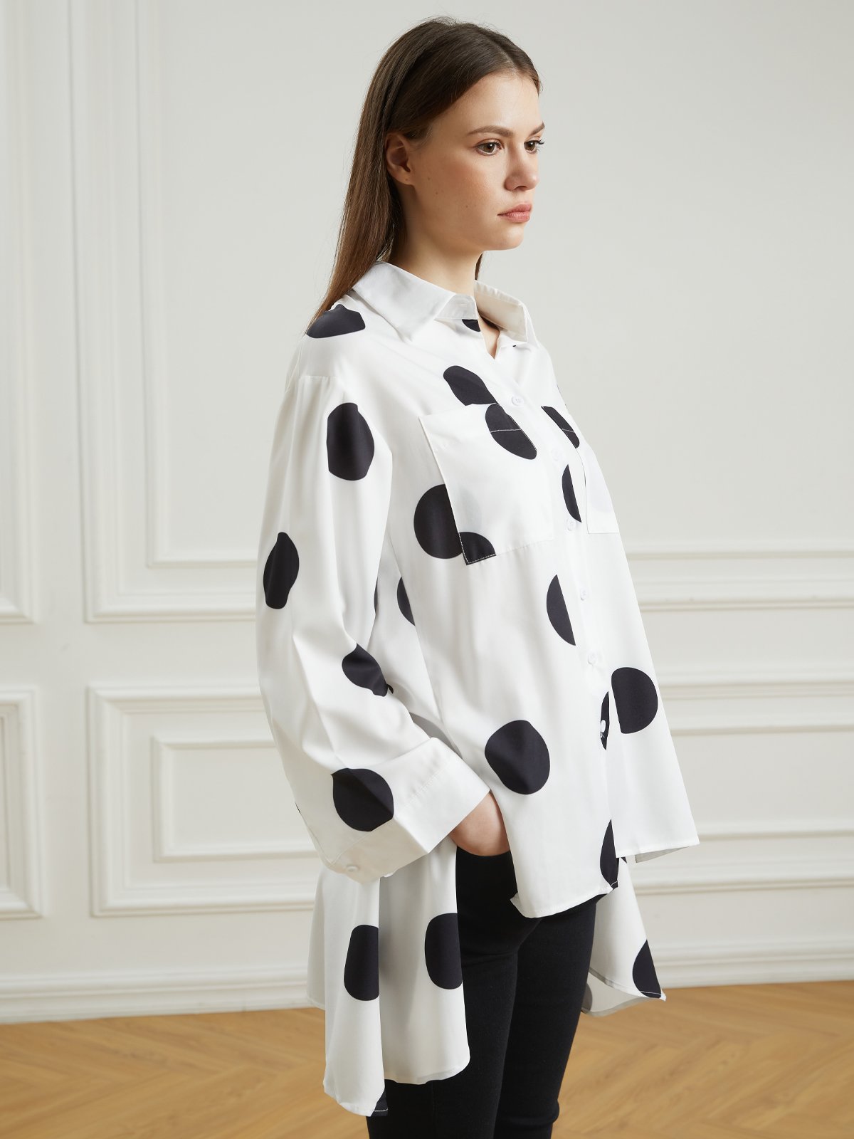 Shirt Collar Polka Dots Shift Elegant Top