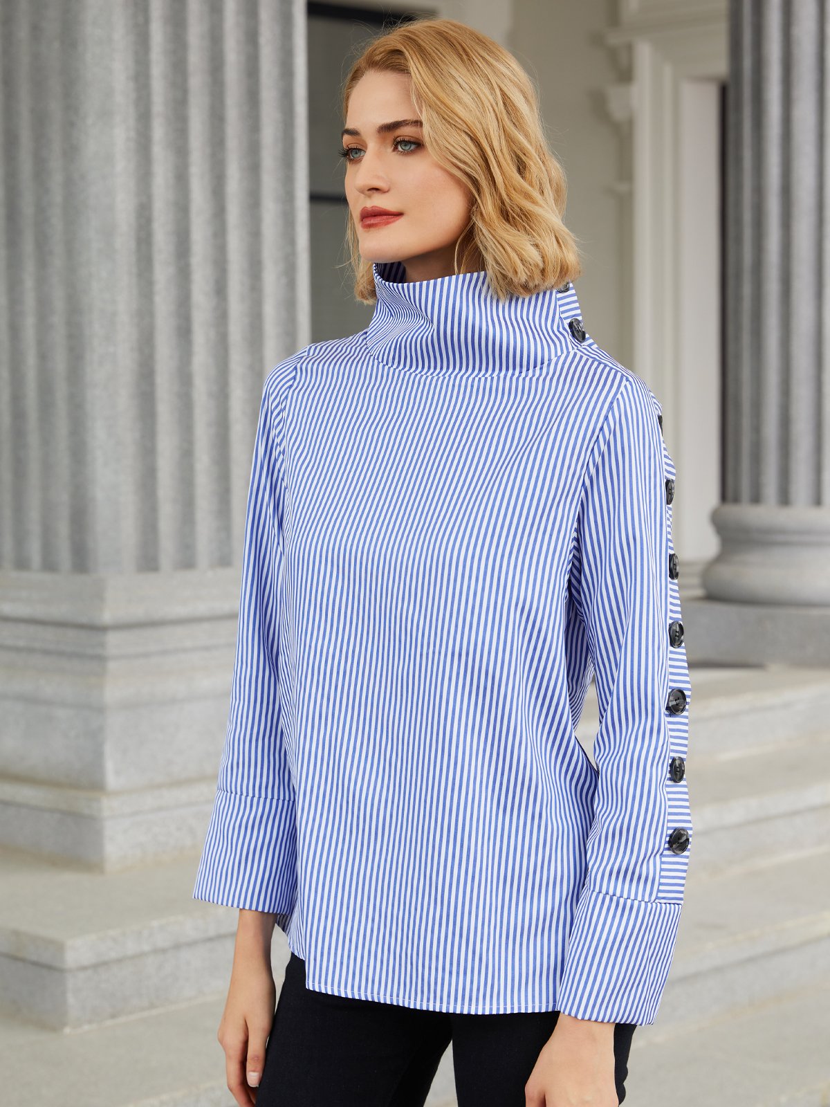 Casual High Neck Striped Long Sleeve Top
