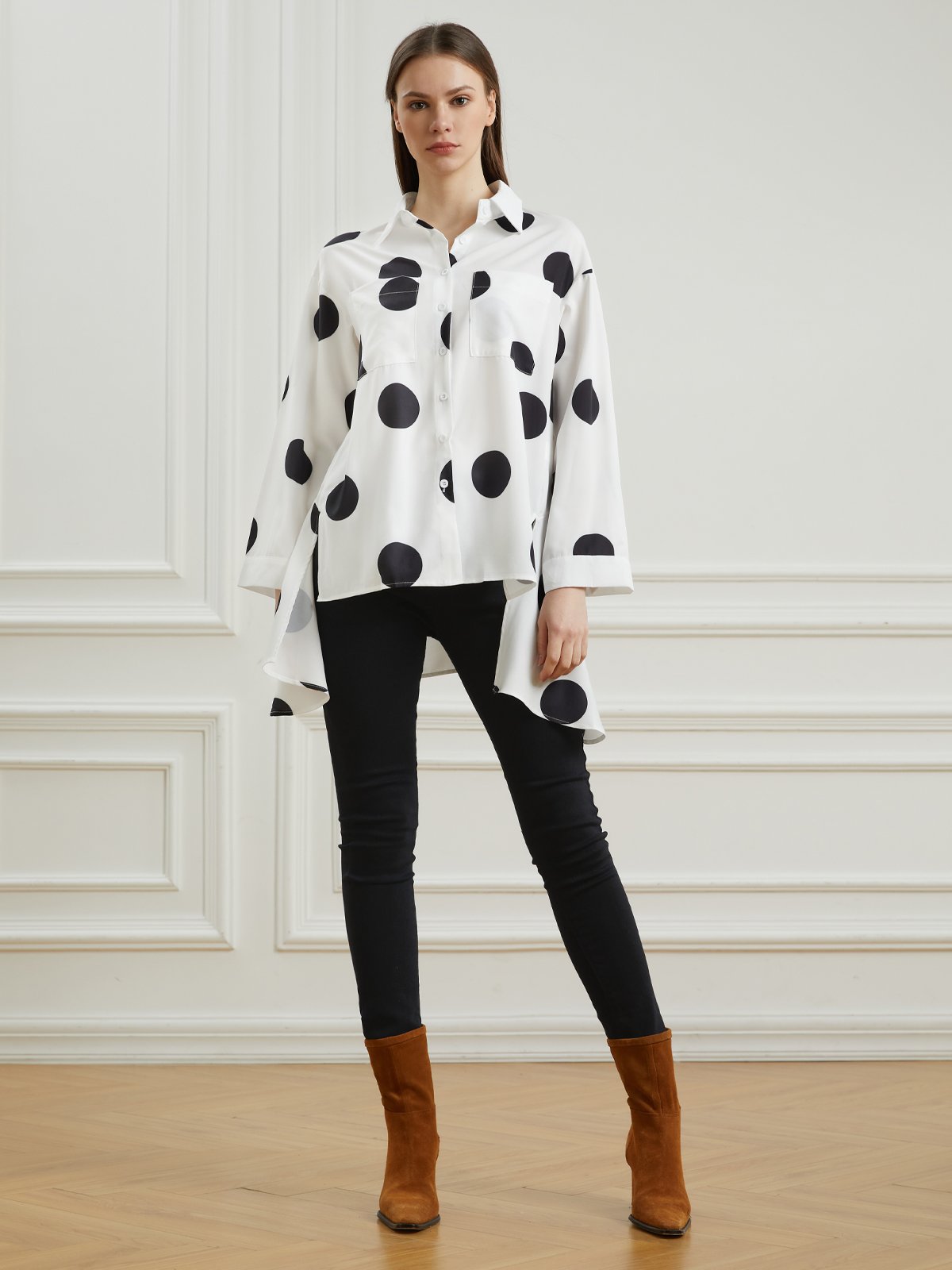 Shirt Collar Polka Dots Shift Elegant Top