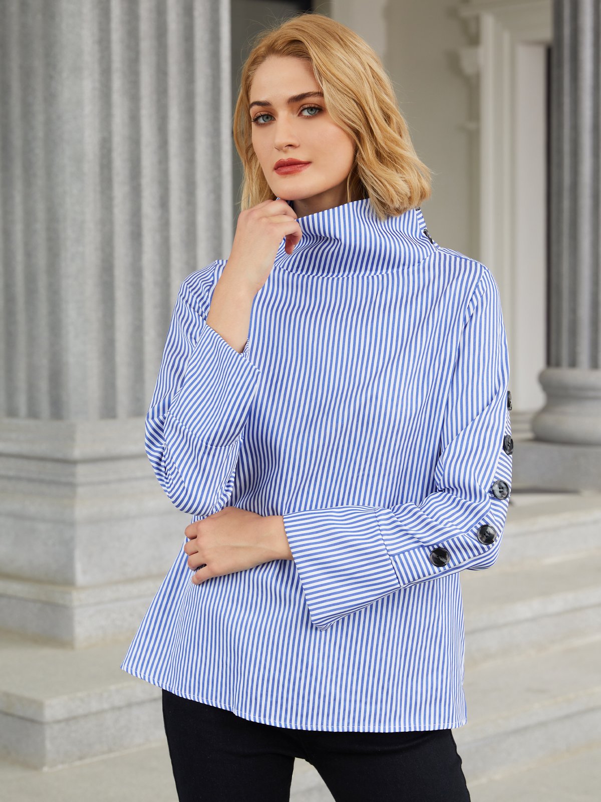 Casual High Neck Striped Long Sleeve Top