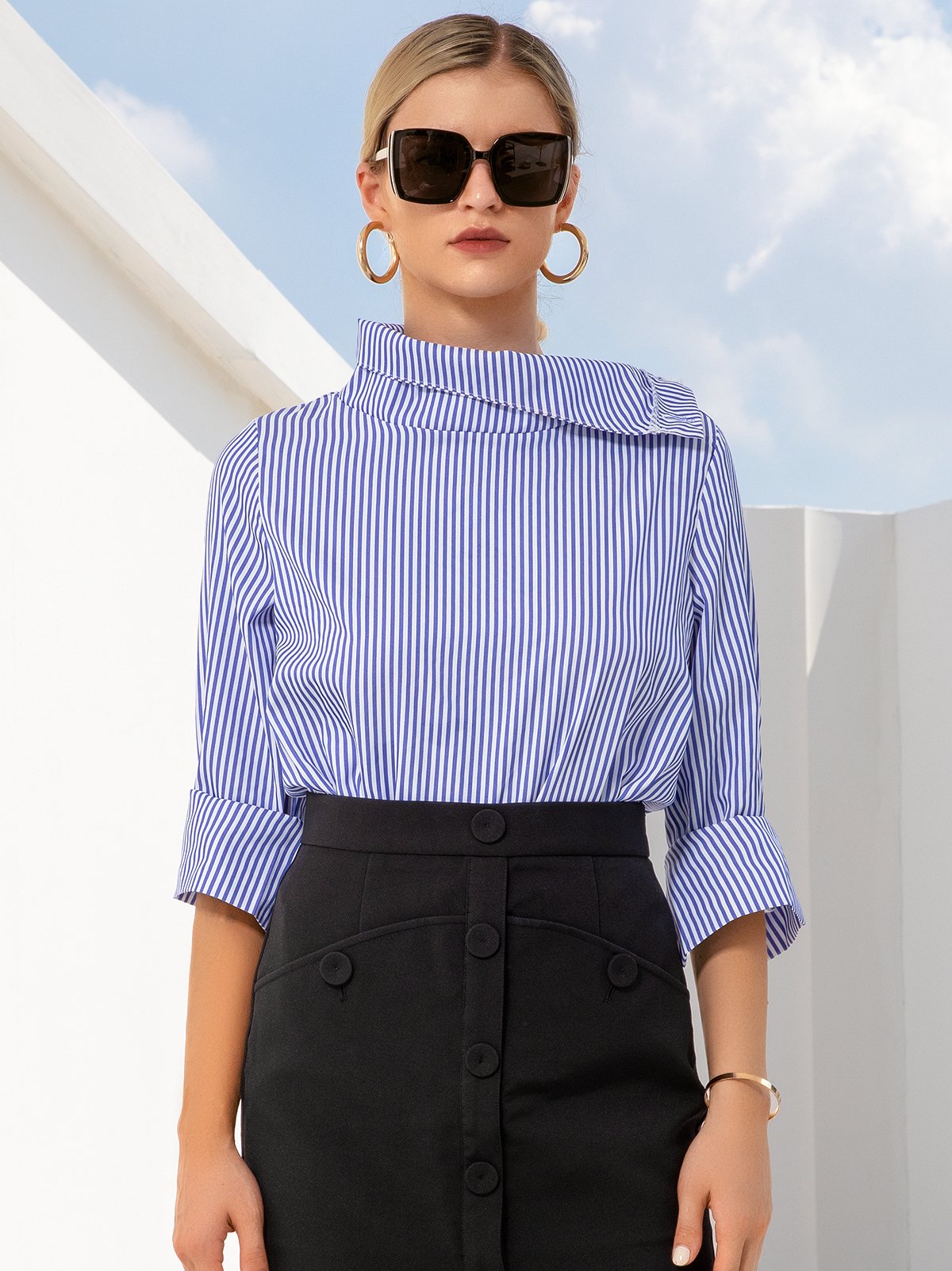 Casual High Neck Striped Long Sleeve Top