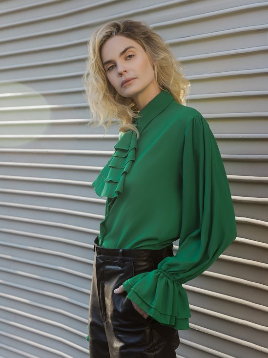 Shirt Collar Elegant  Flouncing  Top
