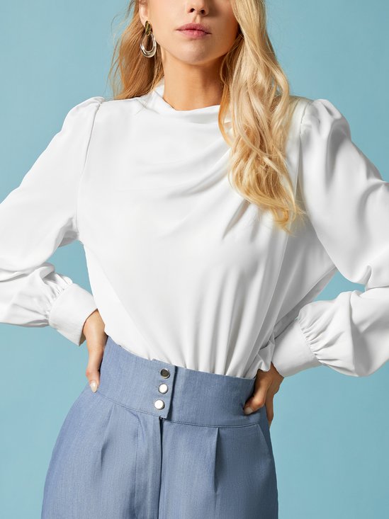 Stand Collar Elegant Plain Regular Fit Blouse