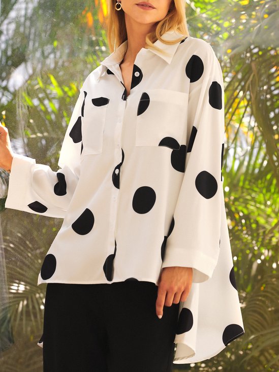 Shirt Collar Polka Dots Shift Elegant Top