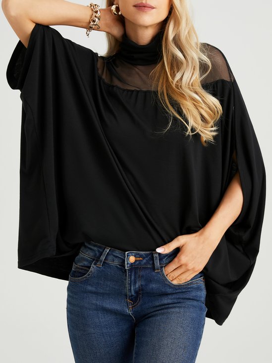 Loose Plain Turtleneck Elegant Blouse