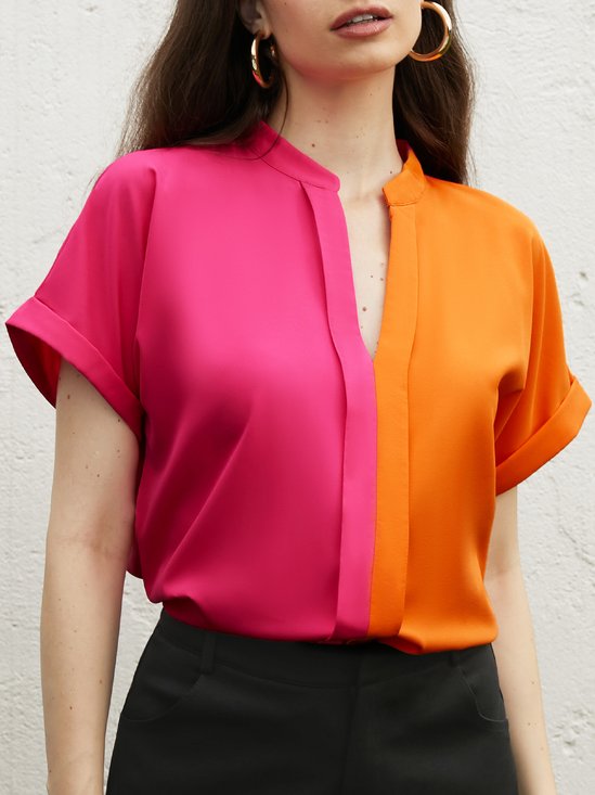 Urban Loose Color Block Stand Collar  Blouse