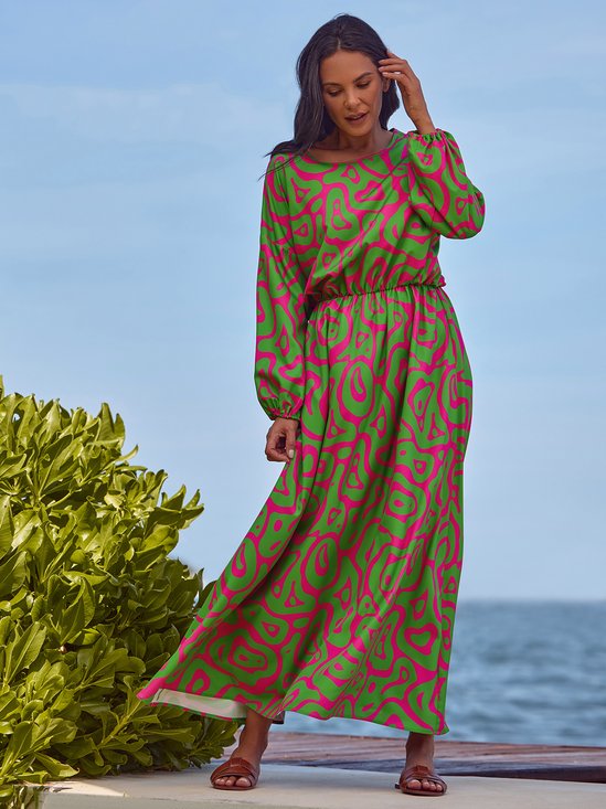 Green Long sleeve Lantern Sleeve Regular Fit Vacation Dress