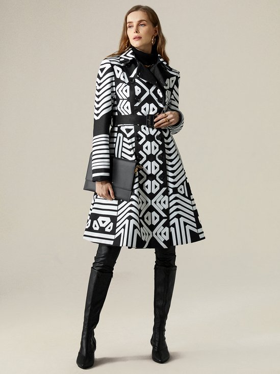 Geometric Shawl Collar Urban Trench Coat With Belt