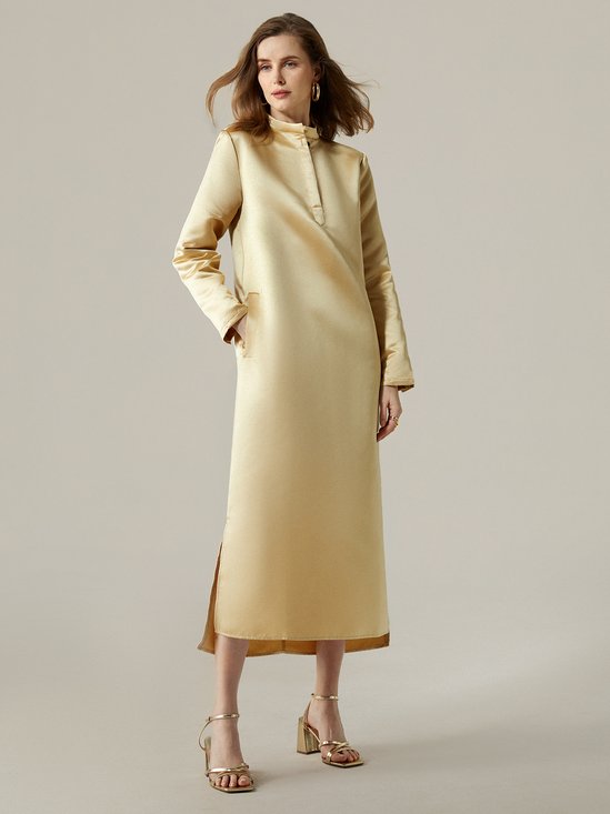 Urban Loose Stand Collar Long Sleeve Plain Maxi Dress