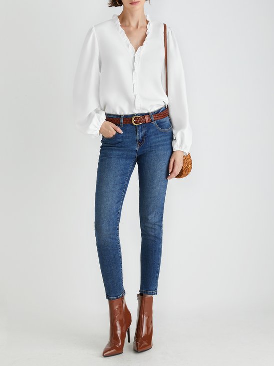 Casual Ruffled V neck Long Sleeve Top