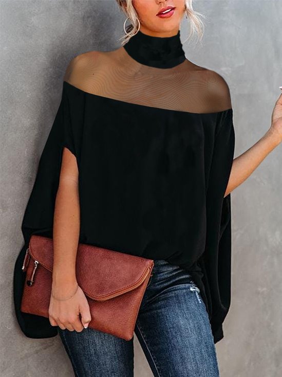 Loose Plain Turtleneck Elegant Blouse