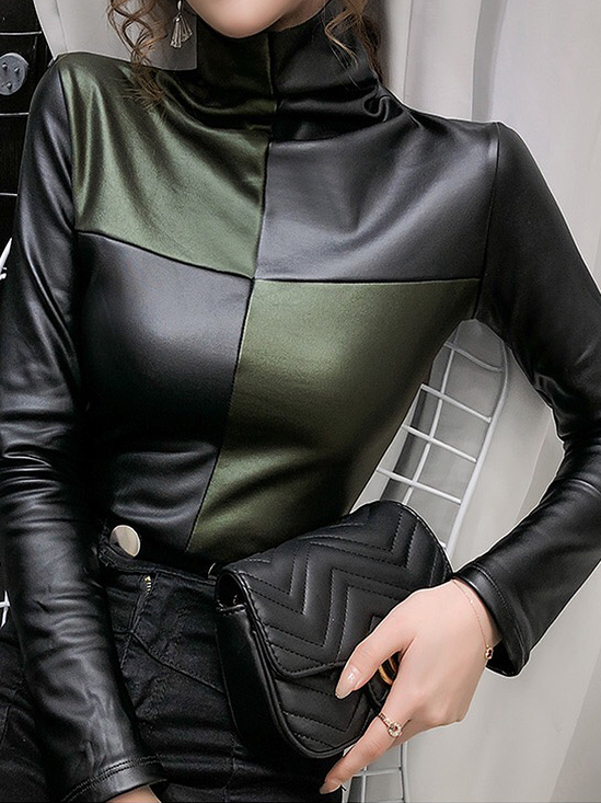 High Elasticity Tight Turtleneck Long sleeve Color Block Urban Top