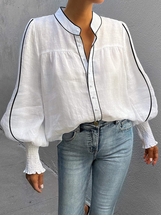 Loose Urban Color Block Long sleeve Stand Collar Blouse