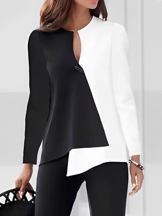 Color Block Long sleeve Simple Loose Blouse