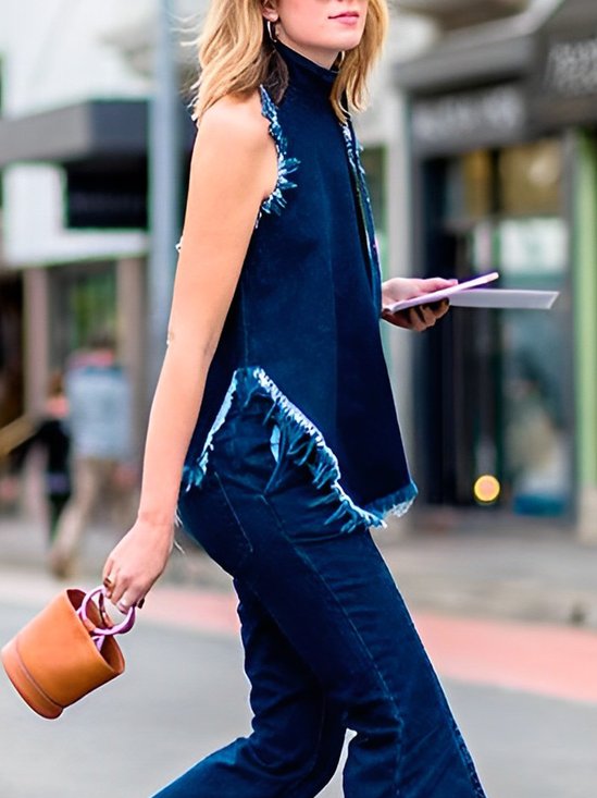 Sleeveless Stand Collar Urban Denim Top