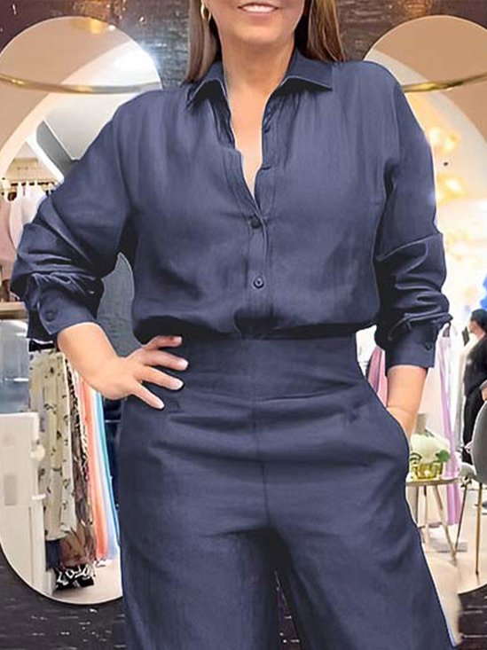 Plain Urban Shirt Collar Faux Denim  Blouse