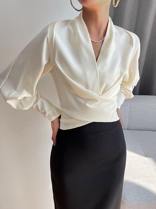 Plain V Neck Regular Fit Elegant Blouse