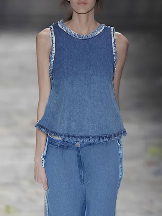 Sleeveless Crew Neck Casual Denim Top