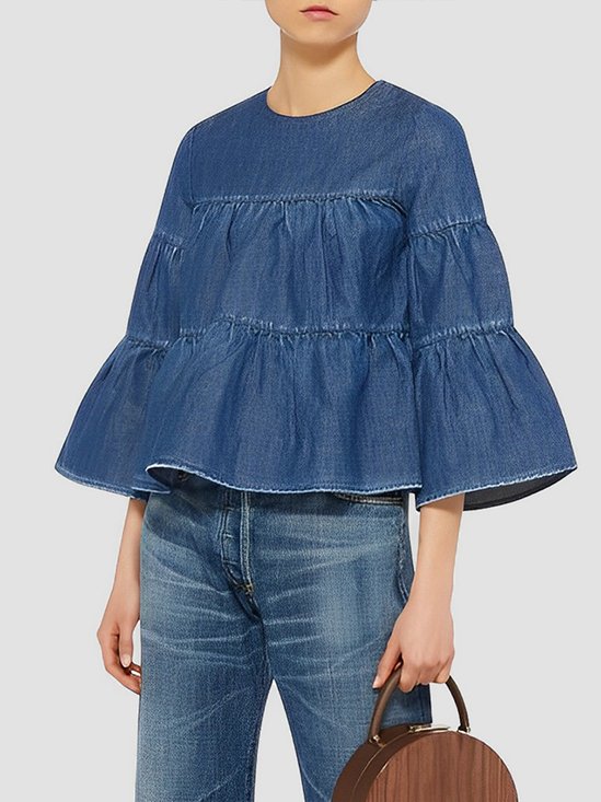 Three Quarter Crew Neck Casual Denim Top