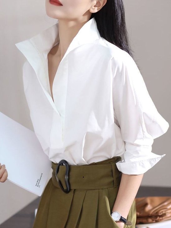 Plain Urban Shirt Collar Loose Blouse