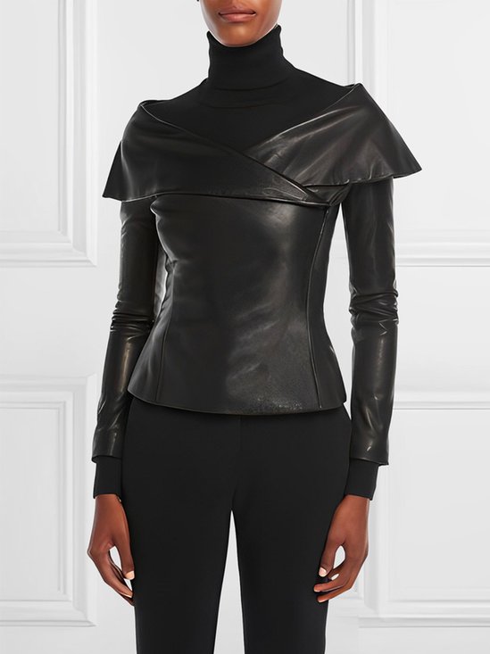 Urban Cross Neck Plain Long Sleeve Leather Top