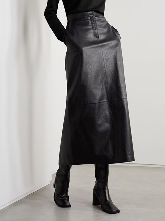 Plain Regular Fit Urban Pu Leather Skirt