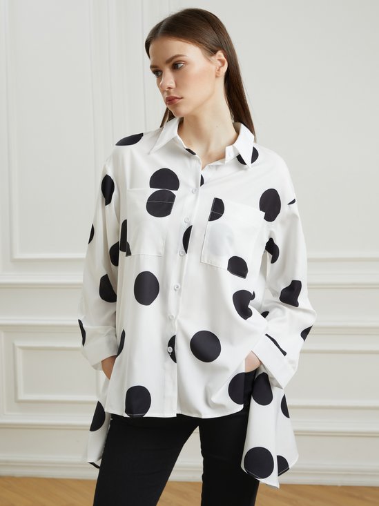 Shirt Collar Polka Dots Shift Elegant Top