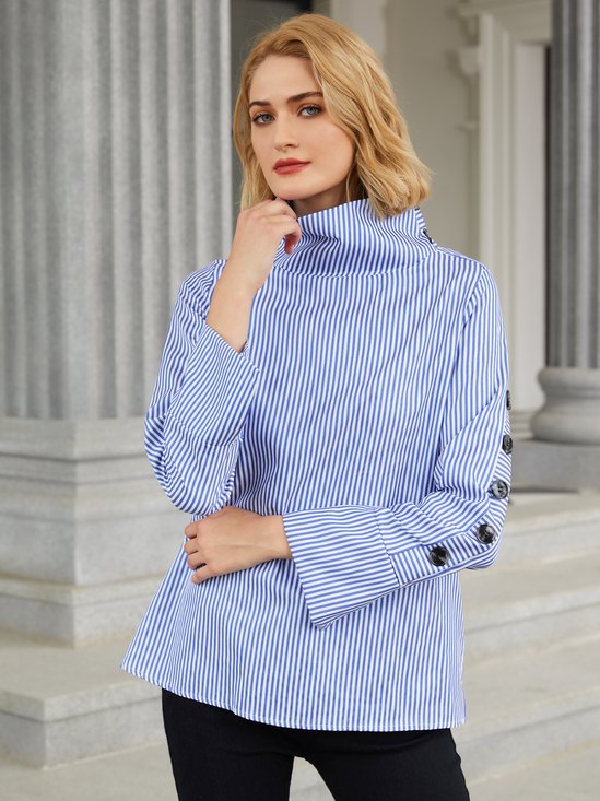Casual High Neck Striped Long Sleeve Top