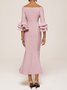 Pink Short Sleeve V Neck Regular Fit Ruched Maxi Elegant Dress For Summer