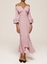 Pink Short Sleeve V Neck Regular Fit Ruched Maxi Elegant Dress For Summer