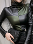 High Elasticity Tight Turtleneck Long sleeve Color Block Urban Top